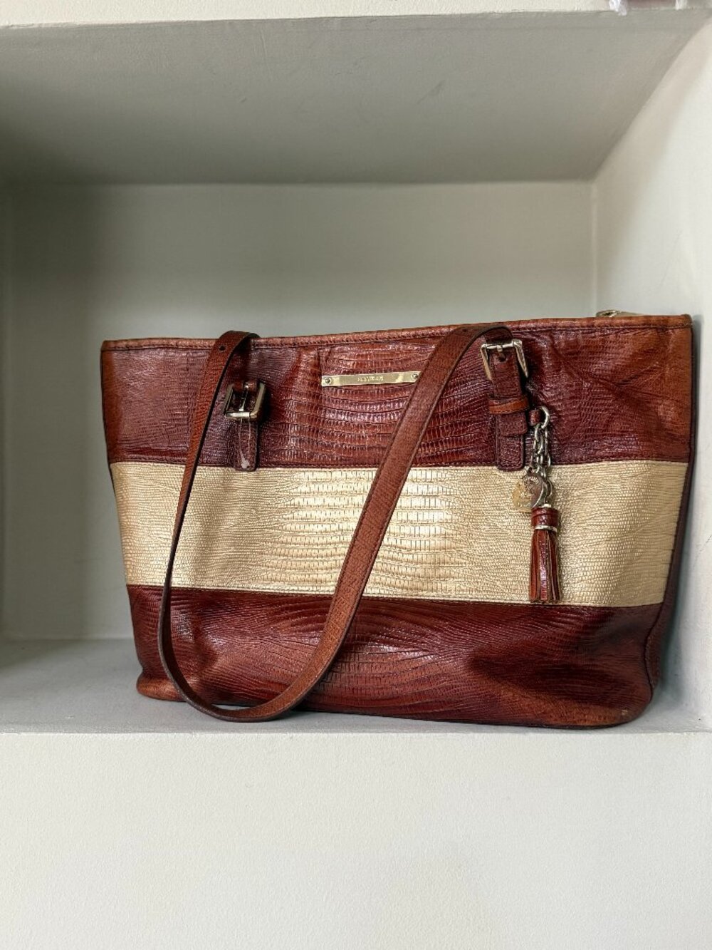 Brahmin Brown Gold Croc Lizard Embossed Leather Tote One Strap AS IS